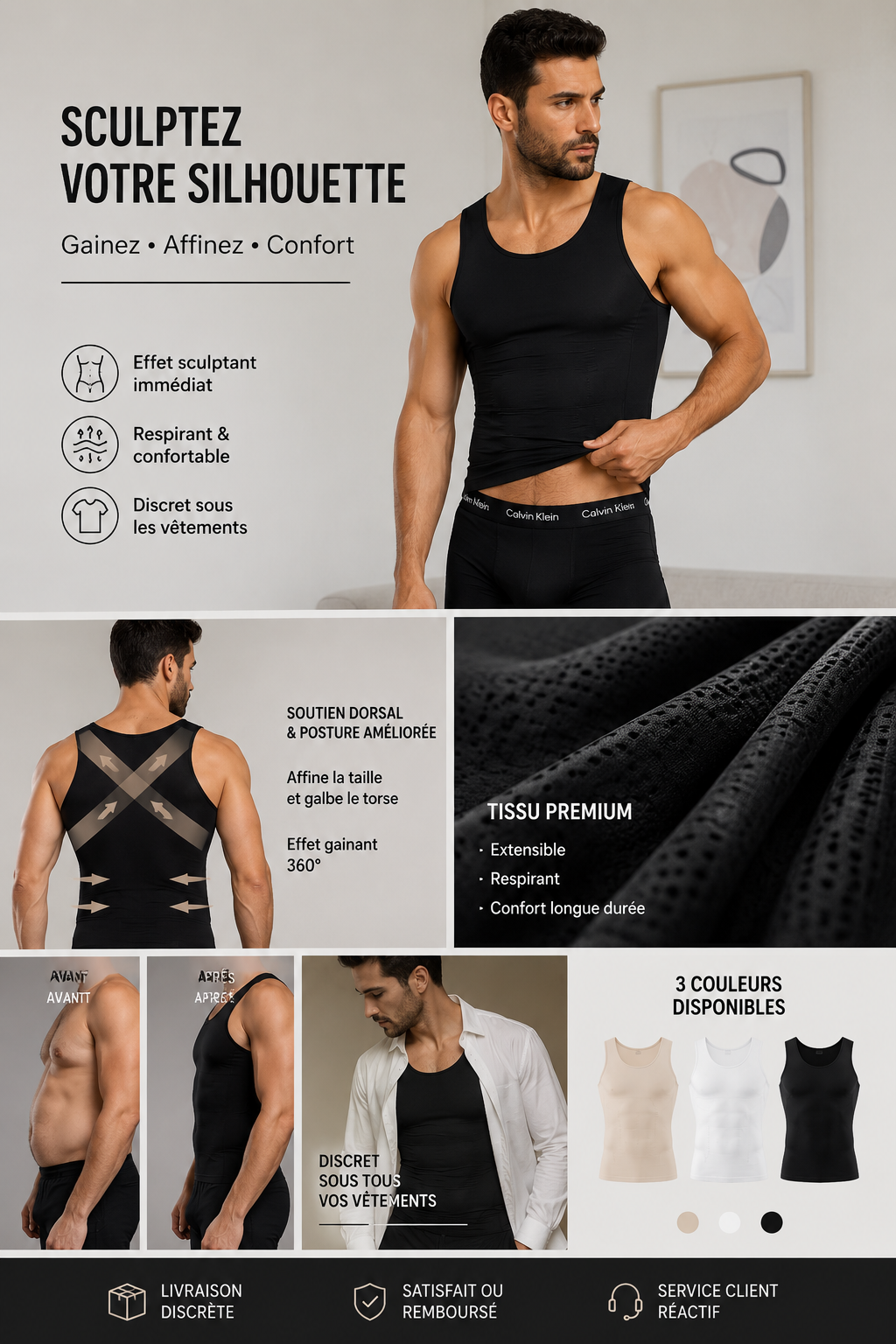 Gilet gainant homme ZenFit noir — ventre plat instantané, vue de face